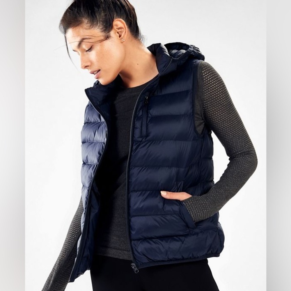 Fabletics Quest Hooded Puffer Vest in Navy Blue